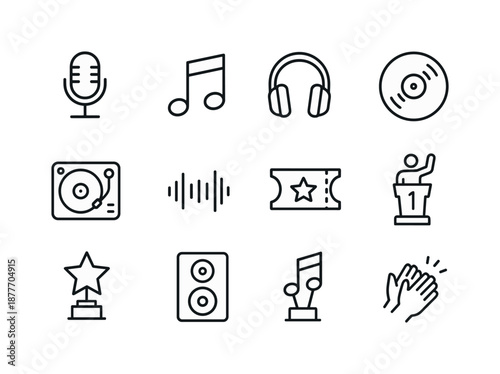 Music Awards Icon Set. Award ceremony. Line icon set of music awards: microphone, music note, headphones, vinyl record, DJ turntable, sound wave, concert