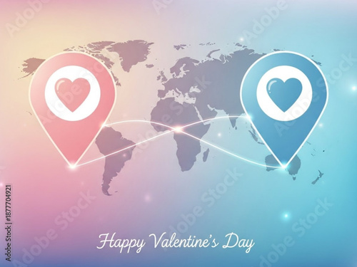 Valentine's Day concept with love markers on world map background  