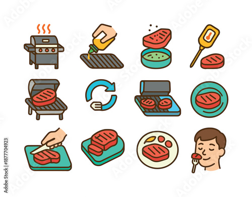 Food Grilling Icons. Food grilling steps. Colorful isometric vector icons set of food grilling steps: preheat grill, oil grate, season food, place on grill,