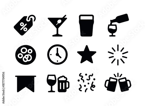 Happy Hour Icons. Happy hour specials. Solid icon set of happy hour specials: discounted drink tag, cocktail glass, beer pint, wine pour, snack plate, clock