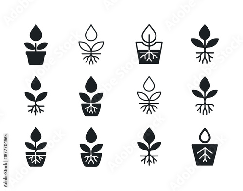 Self-Watering Plant Icons. Self-watering indoor plants. Icon set. Set Logo of Self-watering indoor plants: water droplet feeding roots. harmonious logo