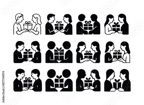 Gift Exchange Icons. happy couple exchanging thoughtful gifts. Icon set. Set Logo of happy couple exchanging thoughtful gifts: surprise box opening. harmonious
