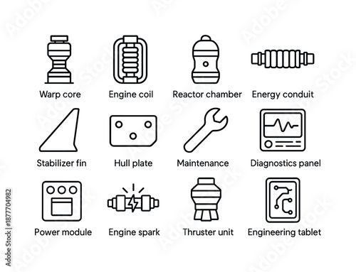 Starship Engineering Icons. Starship engineering. Line icon set of Starship engineering: warp core, engine coil, reactor chamber, energy conduit, stabilizer