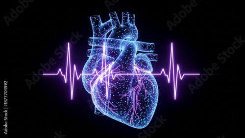 Digital human heart with ECG line in futuristic neon style  