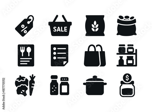 Budget Meal Prep Icons. Budget meal prep. Solid icon set of budget meal prep: coupon tag, sale basket, bulk rice bag, beans sack, simple recipes, meal totals