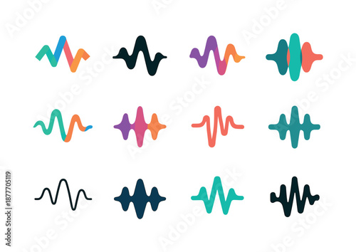 Sound Icons Harmony. Abstract shapes and colors representing sound. Icon set. Set Logo of abstract shapes and colors representing sound: oscillating wave line.