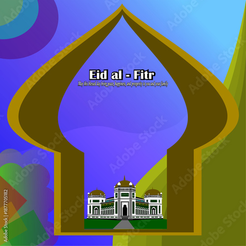 This elegant Eid al-Fitr greeting illustration features a majestic mosque, Arabic calligraphy, and decorative arches. Perfect for Islamic holiday cards, posters, social media, and festive designs.