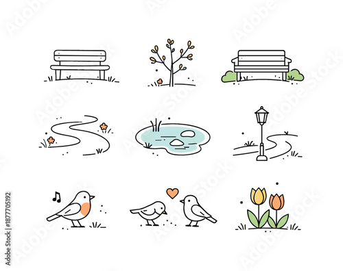 Spring Park Icons. Early spring park icons. A calm collection of outlined icons showing benches, trees with small buds, walking paths and birds, capturing a