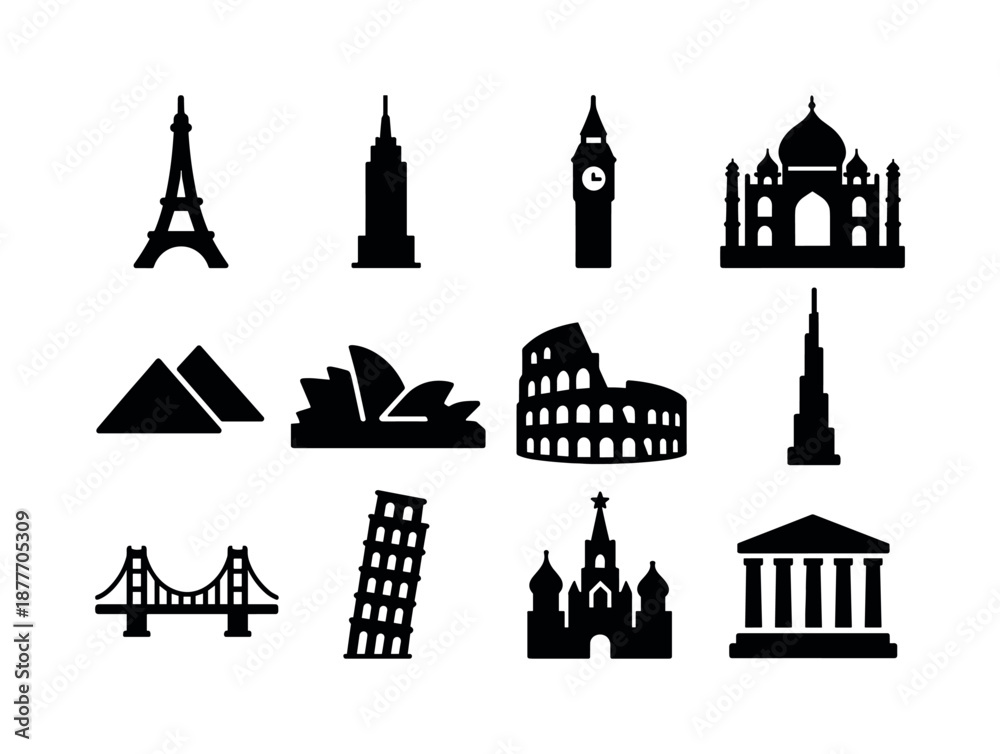 Fototapeta premium Famous Building Icons. Famous buildings. Solid icon set of famous buildings: Eiffel Tower, Empire State Building, Big Ben, Taj Mahal, Pyramids, Sydney Opera
