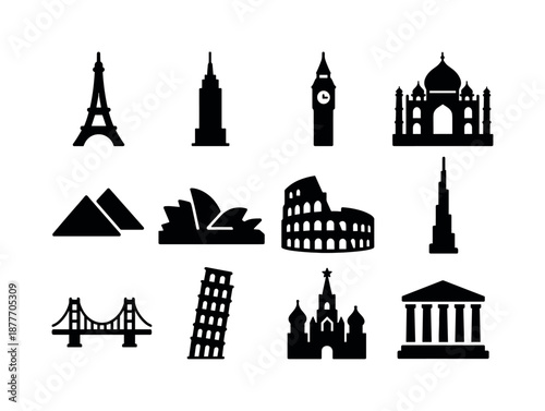Famous Building Icons. Famous buildings. Solid icon set of famous buildings: Eiffel Tower, Empire State Building, Big Ben, Taj Mahal, Pyramids, Sydney Opera