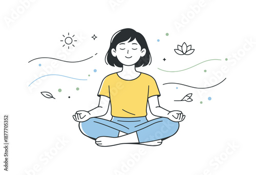 Mindful Breathing Calmness. Mindful living concept. A relaxed character breathing deeply while soft lines and dots float around. Sense of presence, balance,