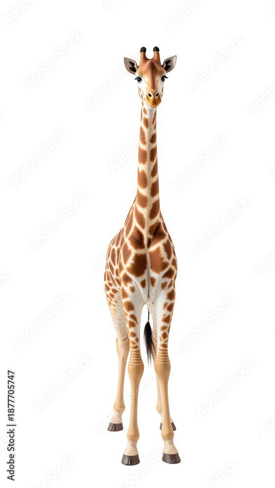 Obraz premium Tall, animated giraffe with distinctive brown and cream spots stands upright, showcasing its long neck and gentle expression