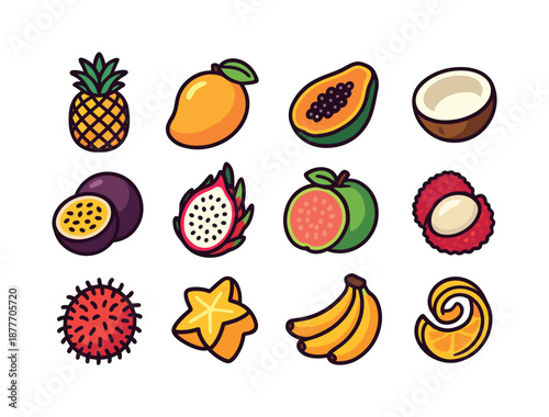 Colorful Tropical Fruit Grid. Tropical fruits. Colorful isometric vector icons set of tropical fruits: pineapple, mango, papaya, coconut half, passionfruit,