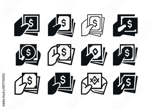 Cash Logo Variations. Counting cash. Icon set. Set Logo of counting cash: stack of money. harmonious logo variations of the same emblematic concept, each with