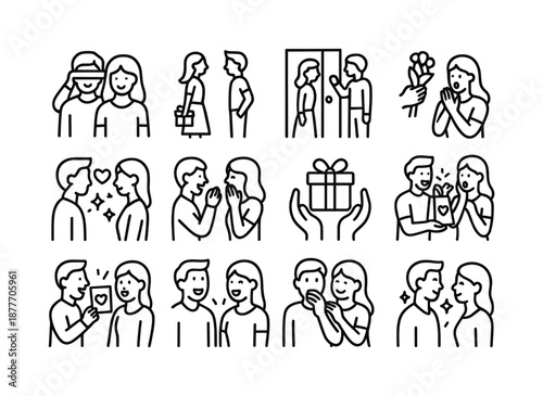 Couple Surprise Icons. Couple Surprise Moments. Line icon set of Couple Surprise Moments: blindfold surprise, hidden gift box, door surprise, unexpected