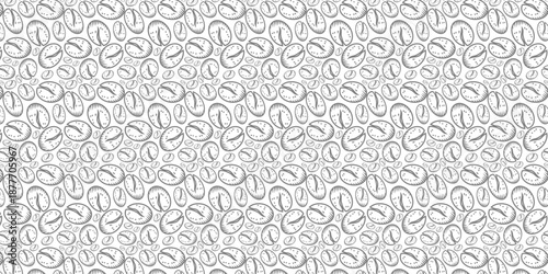Seamless pattern of stylized coffee beans in a monochromatic grey and white design, creating a subtle and repetitive background texture.