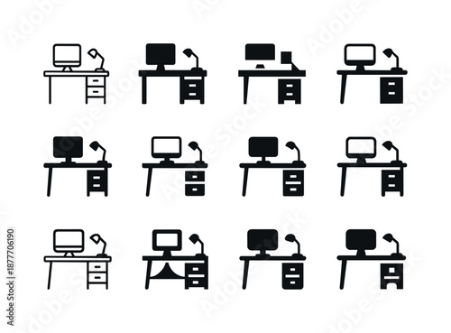 Office Logo Icons. Office interior. Icon set. Set Logo of office interior: modern desk setup. harmonious logo variations of the same emblematic concept, each