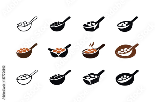 Cooked Beans Logos. cooked beans. Icon set. Set Logo of cooked beans: bean scoop. harmonious logo variations of the same emblematic concept, each