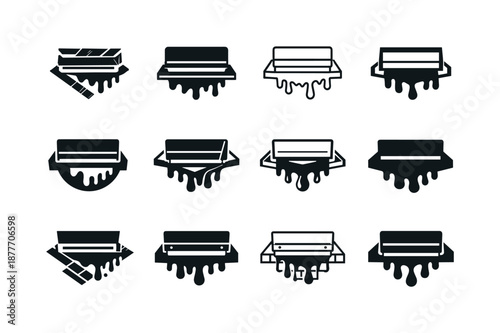 Screen Print Logo Variations. artwork with a screen press. Icon set. Set Logo of artwork with a screen press: ink spreading on mesh. harmonious logo variations