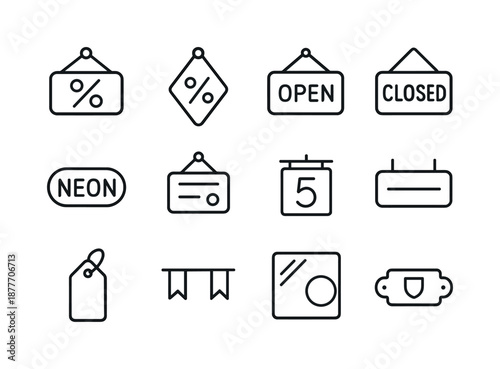 Monochrome Store Icons. Store Signage. Line icon set of Store Signage: sale board, discount sign, open sign, closed sign, neon tag, price board, aisle marker,