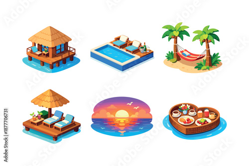 Romantic Getaway Icons. Romantic getaway scenes. Isometric flat vector icons set of Romantic getaway scenes: overwater bungalow, private infinity pool,