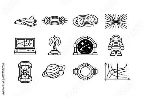 Intergalactic Travel Icons. Intergalactic travel. Line icon set of Intergalactic travel: starship, warp engine, galaxy map, hyperspace tunnel, navigation