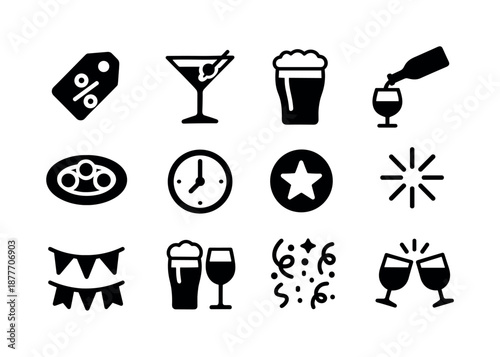 Happy Hour Icons. Happy hour specials. Solid icon set of happy hour specials: discounted drink tag, cocktail glass, beer pint, wine pour, snack plate, clock