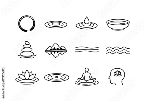 Meditative Water Icons. Meditative Water. Line icon set of Meditative Water: zen water circle, calm ripple rings, centered drop rest, still water bowl, balance