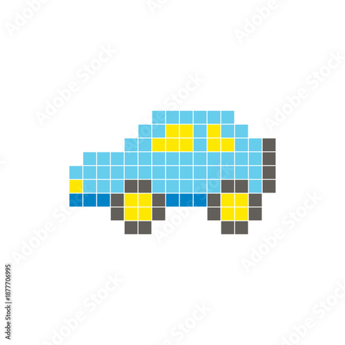 A flat pixel design made of geometric square color blocks on a clean icon layout. Pixel art car