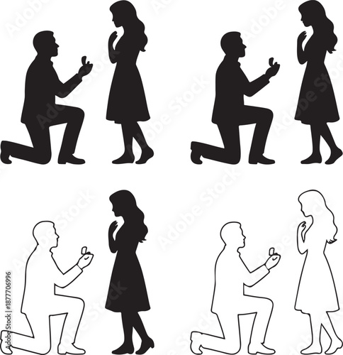 Isolated proposal scene silhouette icon, romantic engagement proposal vector, man proposing to woman silhouette, love couple minimal illustration, wedding proposal branding, engagement scene vector