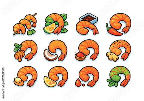 Shrimp Flavor Icons. Shrimp flavor styles. Colorful isometric vector icons set of shrimp flavor styles: garlic shrimp skewer, lemon herb shrimp, teriyaki