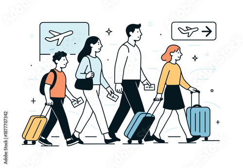 Modern Airport Travel. Airport journey. Travelers walking through a modern airport terminal with luggage and boarding passes. Smooth movement and relaxed