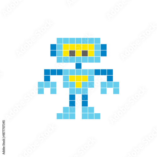 A flat pixel design made of geometric square color blocks on a clean icon layout. Pixel art robot