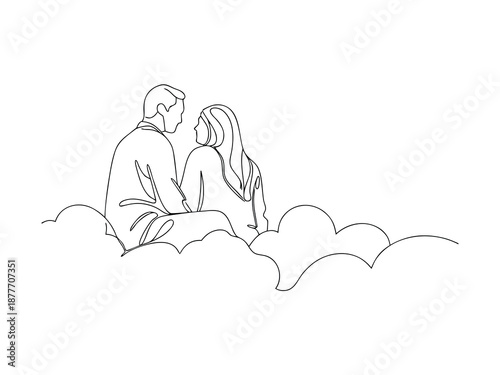 Couple sitting on clouds in continuous line art love