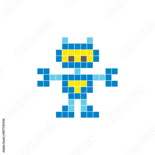 A flat pixel design made of geometric square color blocks on a clean icon layout. Pixel art robot