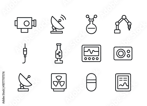 Titan Instrument Icons. Titan science instruments. Line icon set of Titan science instruments: spectrometer, radar mapper, atmospheric sampler, drilling arm,
