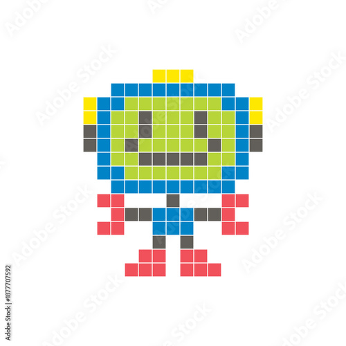A flat pixel design made of geometric square color blocks on a clean icon layout. Pixel art robot