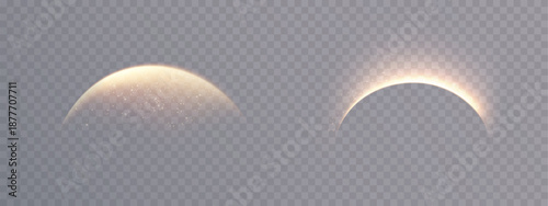 A golden, curved light trail with a soft glow on a transparent background. A vibrant, arched swirl with glittering highlights for overlays, titles, and abstract designs.	