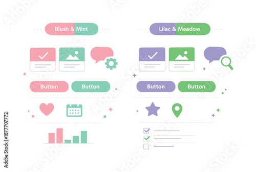 Spring Color Palette. Two-tone spring color sets. A minimal palette guide showing two spring colors applied to UI-style blocks and icons, suggesting practical