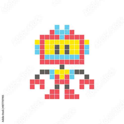 A flat pixel design made of geometric square color blocks on a clean icon layout. Pixel art robot