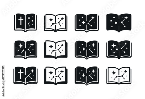 Science and Faith Icons. Christian faith and the science-religion debate. Icon set. Set Logo of Christian faith and the science-religion debate: Open Bible