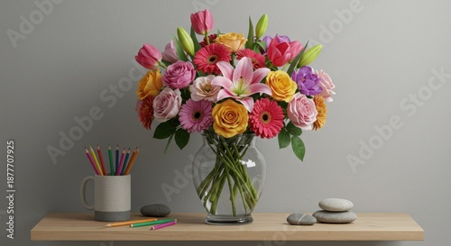 Wallpaper Mural A colorful bouquet in a glass vase on a wooden table with a mug of pencils and stones Torontodigital.ca