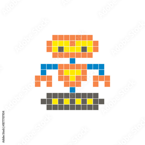 A flat pixel design made of geometric square color blocks on a clean icon layout. Pixel art robot