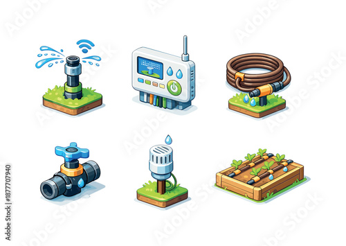 Smart Irrigation Icons. Automatic watering. Isometric flat vector icons set of Automatic watering: smart sprinkler head, irrigation controller unit, drip