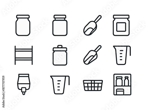 Pantry Icon Set. Pantry storage. Line icon set of Pantry storage: jar, screw lid, airtight seal, label, shelf, canister, scoop spoon, pour spout, bulk bin,
