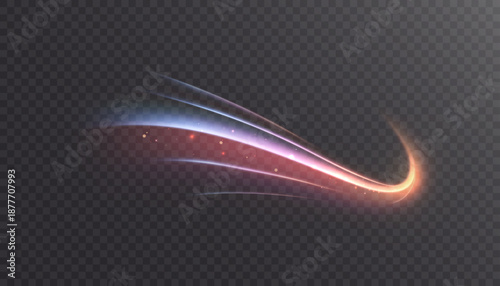 A long, smoothly rotating light beam in warm orange and cool blue tones, with a soft glow and a speed effect. Suitable for overlays in design and illustrations. Vector.	