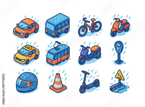 Rainy Transportation Icons. Rainy transportation. Colorful isometric vector icons set of rainy transportation: car with wet windshield, bus in rain, bicycle