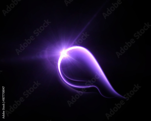 Purple light flare with glowing curved trail and rays on dark background. Vector energy swoosh for sci fi interfaces, luxury titles, logo highlights and overlays.