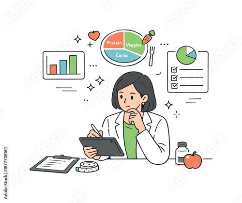 Nutritionist's Data Review. Nutritionist consultation analysis. Nutritionist reviewing simple charts and nutrition data on a tablet. Thoughtful assessment and
