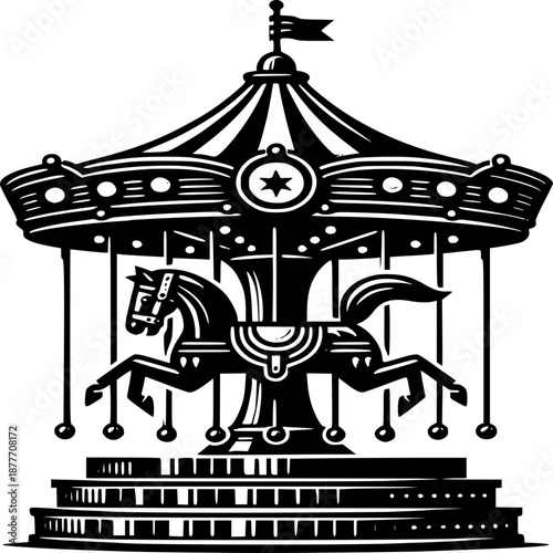 Vector illustration of a merry-go-round carousel with horses in a carnival park featuring a circus tent under the sky for amusement and entertainment design
